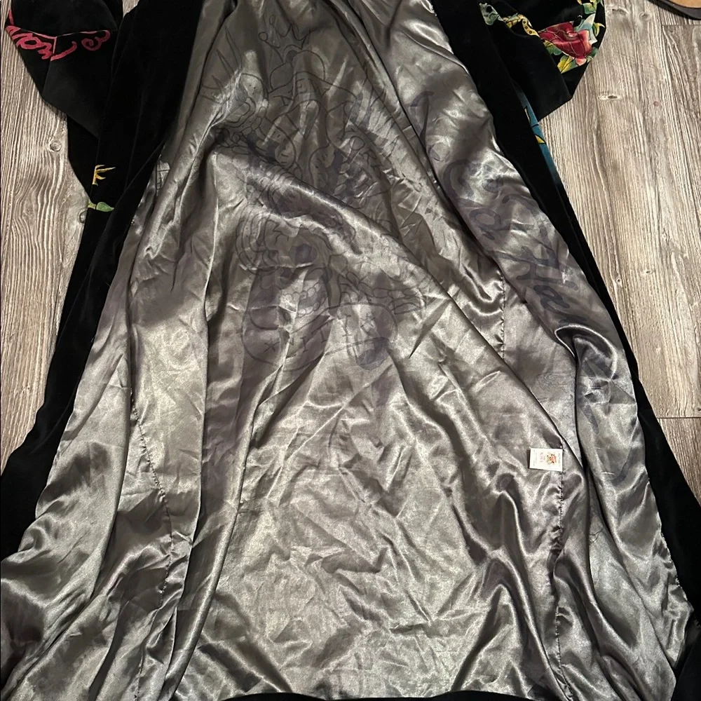 Y2K Ed Hardy Velvet Robe Coat Skull Tattoo Graphic Black S/M Luxury Streetwear - Picture 11 of 15